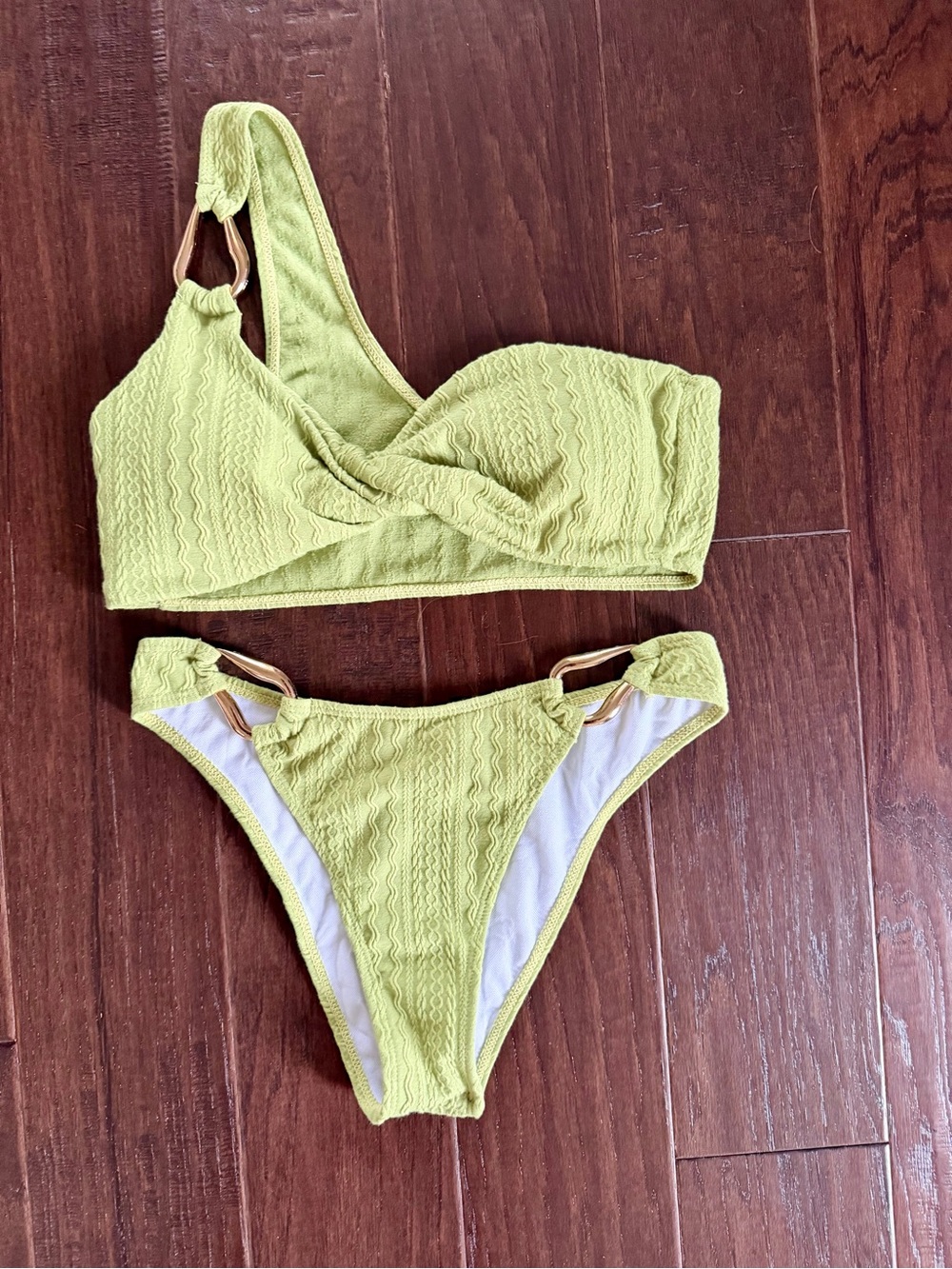 SHEIN Lime Green Textured One-Shoulder Bikini Set with Gold Rings